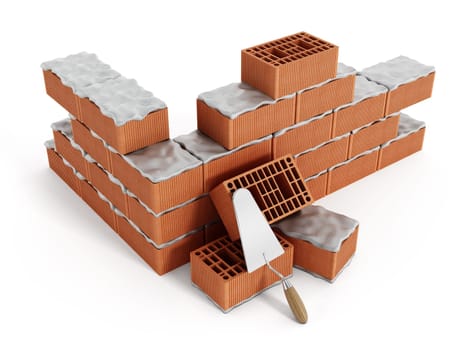 Brick wall under construction isolated on white background.