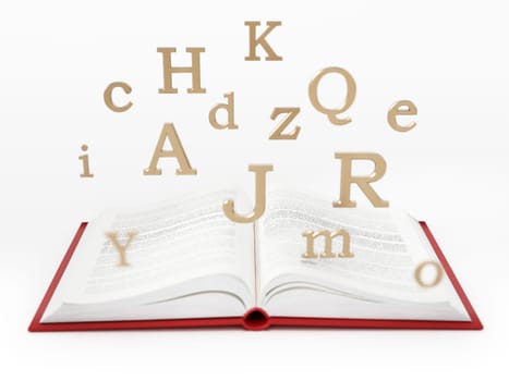 Open book with letters in the air isolated on white background