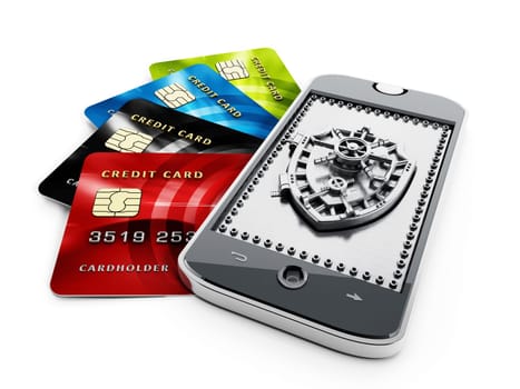 Credit cards and shield shaped vaulted door on smartphone.
