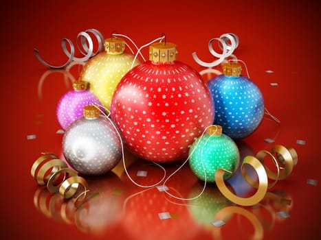 Christmas baubles isolated on red background.