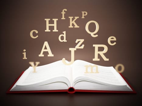 Open book with letters in the air on blue background