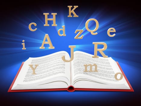 Open book with letters in the air on blue background