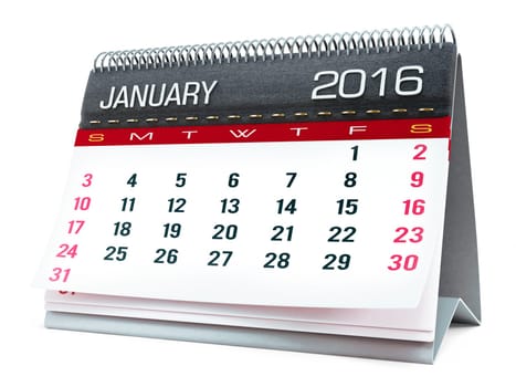 January 2016 desktop calendar isolated on white background