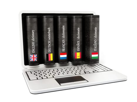Dictionaries inside laptop computer screen isolated on white background