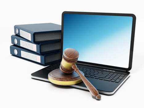 Laptop computer, gavel and folders isolated on white background