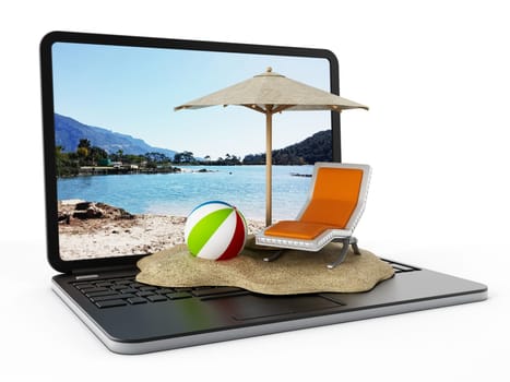 Sand, ball, sunshade and sunbed on laptop keyboard