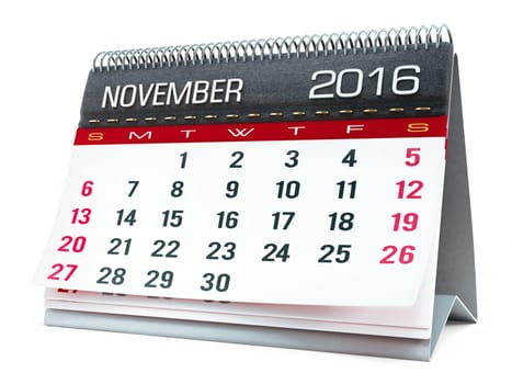 November 2016 desktop calendar isolated on white background