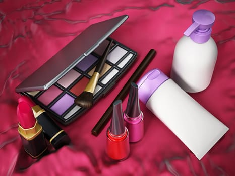 Makeup tools on red background