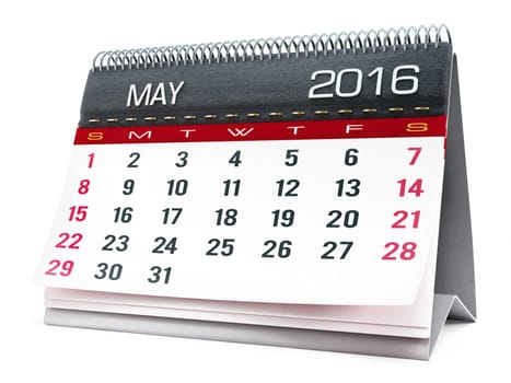 May 2016 desktop calendar isolated on white background