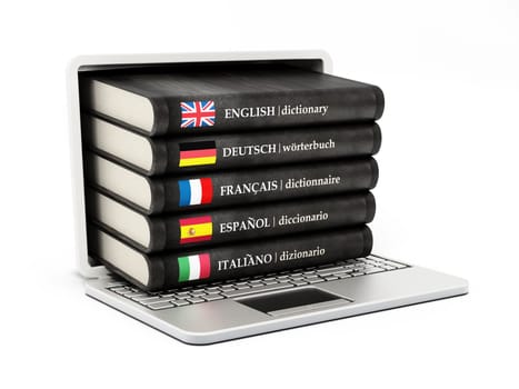 Dictionaries inside laptop computer screen isolated on white background