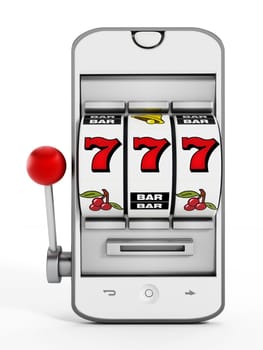 Gambling machine pointing jackpot on smartphone screen.