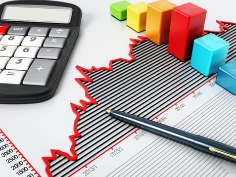 Rising sale graphic with a calculator, pen and blocks.