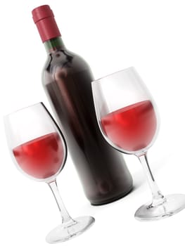 Wine bottle and glasses isolated on white background.