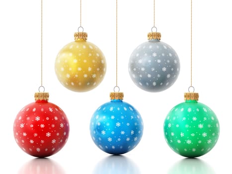Hanging christmas baubles isolated on white background.