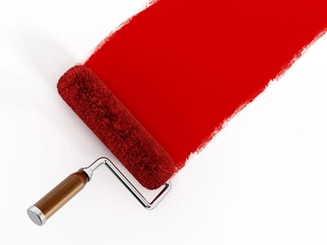 Red paint roller isolated on white background.