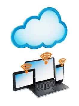 Laptop computer, smartphone and tablet computer connected to the cloud. Cloud computing concept.