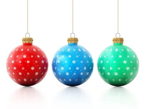 Hanging christmas baubles isolated on white background.