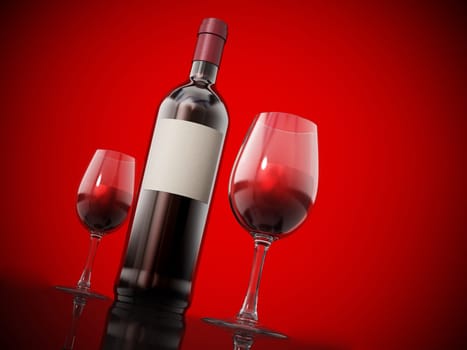 Wine bottle and glasses isolated on red background.