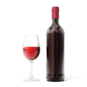 Wine bottle and glass isolated on white background.