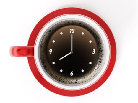 Clock pointing 8 o'clock on red coffe cup.