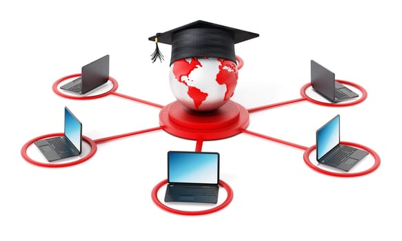 E-learning network. Laptop computer connected to the globe with a graduation cap at the the center point.