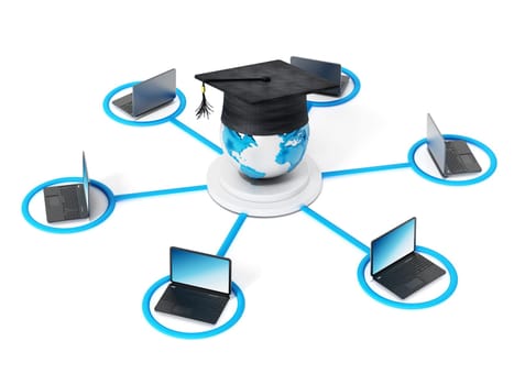 E-learning network. Laptop computer connected to the globe with a graduation cap at the the center point.