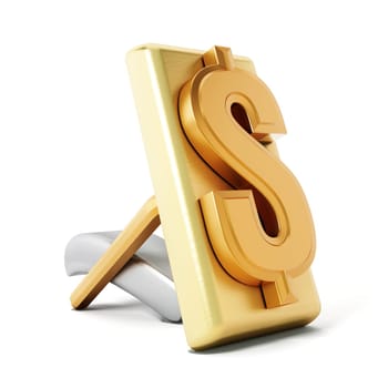 Dollar symbol on golden cufflink isolated on white background