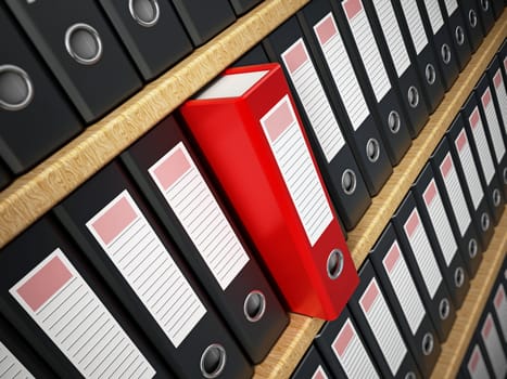 Red folder standing out in the shelf