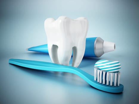Tooth, toothpaste and toothbrush on blue surface