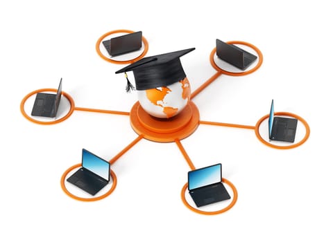 E-learning network. Laptop computer connected to the globe with a graduation cap at the the center point.