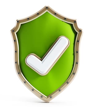 Green shield with tick icon isolated on white background
