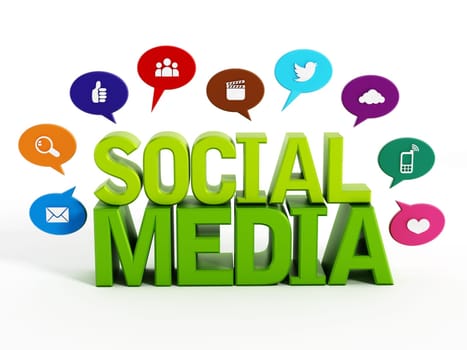 Social media text and icons on speech balloons isolated on white background