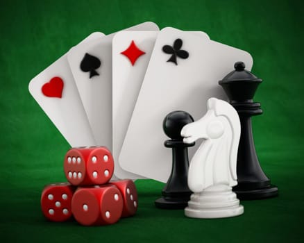 Playing cards set, dice and chess pieces on green background