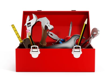 Red toolbox full of hand tools isolated on white background