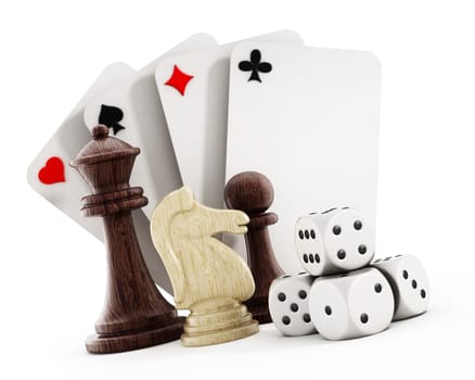 Playing cards set, dice and chess pieces isolated on white background