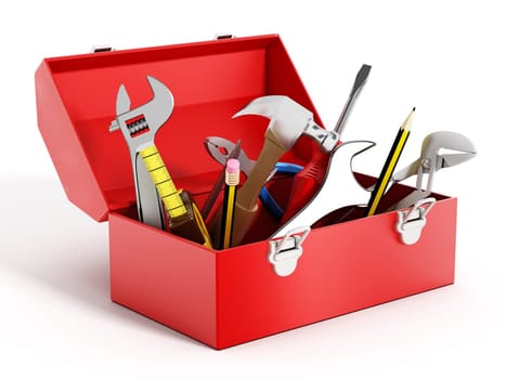 Red toolbox full of hand tools isolated on white background
