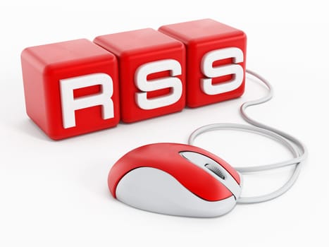 Red cubes with RSS letters connected to computer mouse isolated on white background