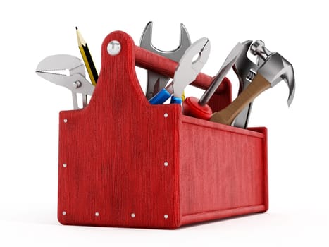 Red toolbox full of hand tools isolated on white background