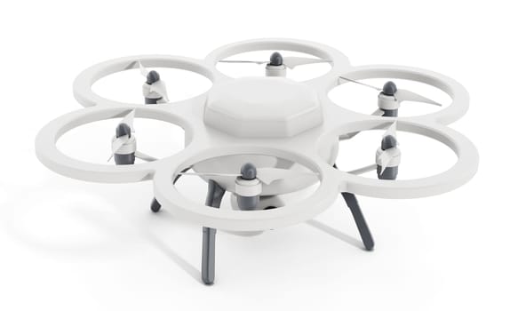 Drone with six propellers isolated on white background