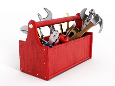 Red toolbox full of hand tools isolated on white background