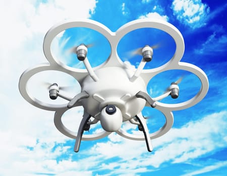 Drone with six propellers on blue background