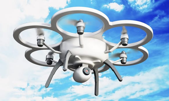 Drone with six propellers on blue background