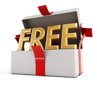 Free word inside half open gift package isolated on white background