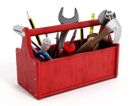 Red toolbox full of hand tools isolated on white background