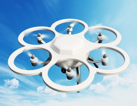 Drone with six propellers on blue background