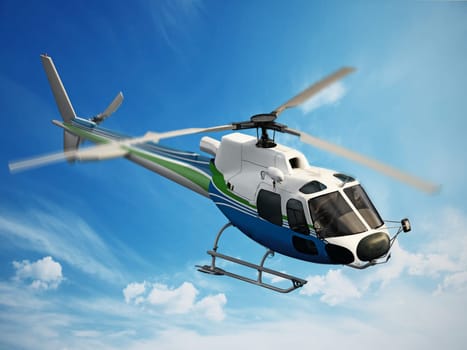 Helicopter flying through the sky
