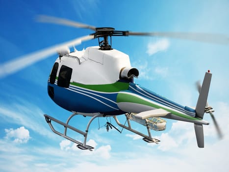 Helicopter flying through the sky