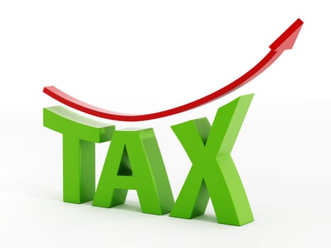 Red arrow going up on the tax text. Increasing taxes concept.