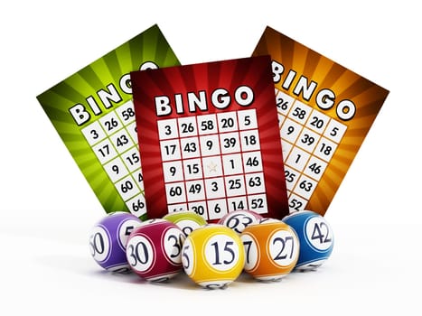 Bingo card and balls with numbers isolated on white background