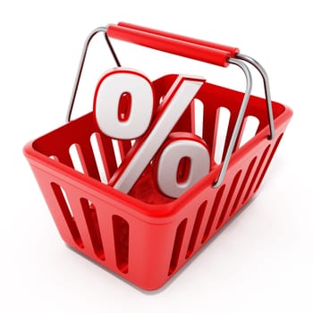 Shopping basket with percentage icon isolated on white background